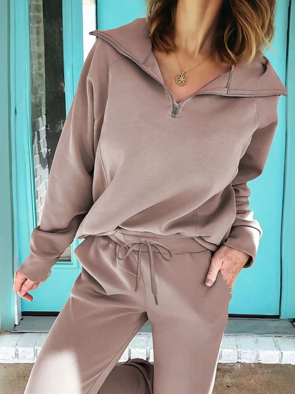 Zip Collar Long Sleeve Top and Drawstring Pants Set, image 11