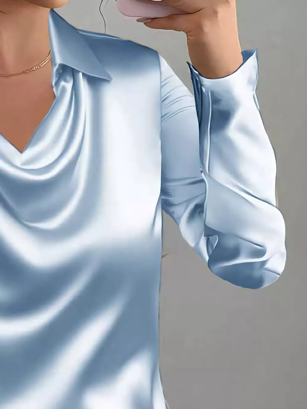 Satin Collared Neck Long Sleeve Blouse, image 2