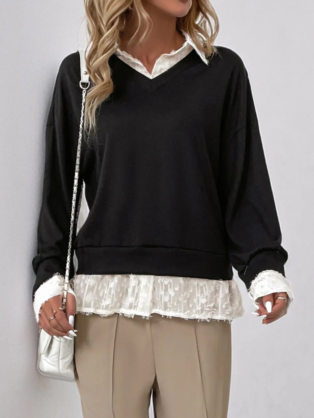 Faux Layered Contrast Long Sleeve Sweatshirt, image 2