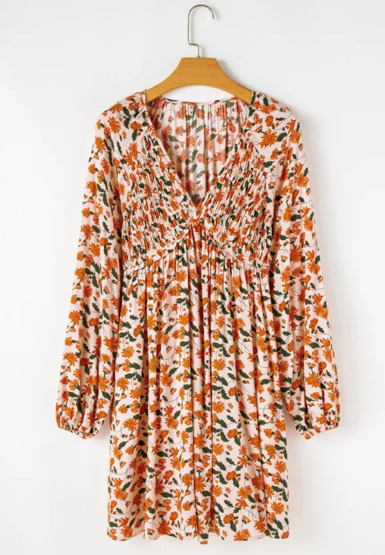 Smocked Printed V-Neck Long Sleeve Dress, image 4
