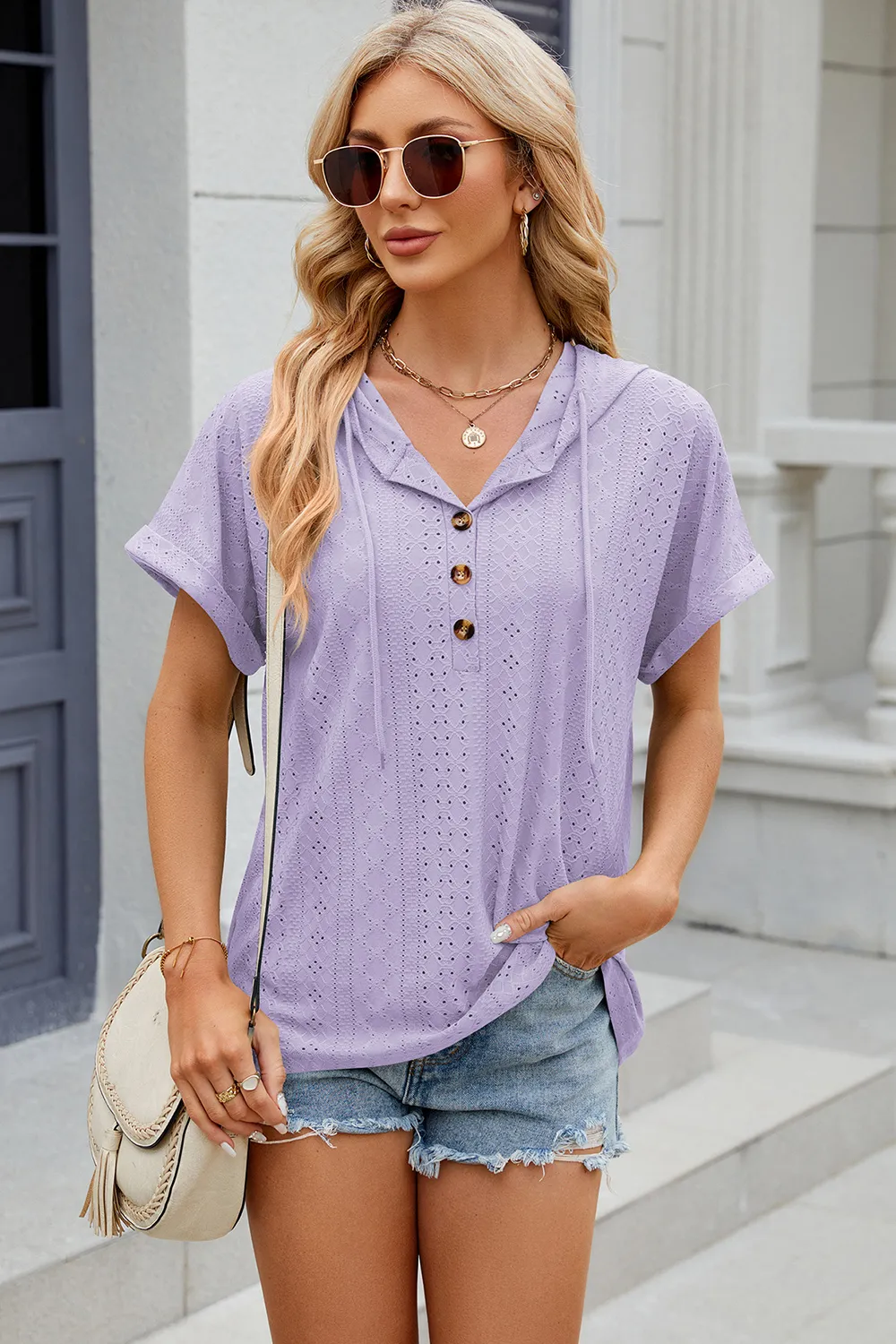 Eyelet Drawstring Hooded Short Sleeve Blouse, image 33