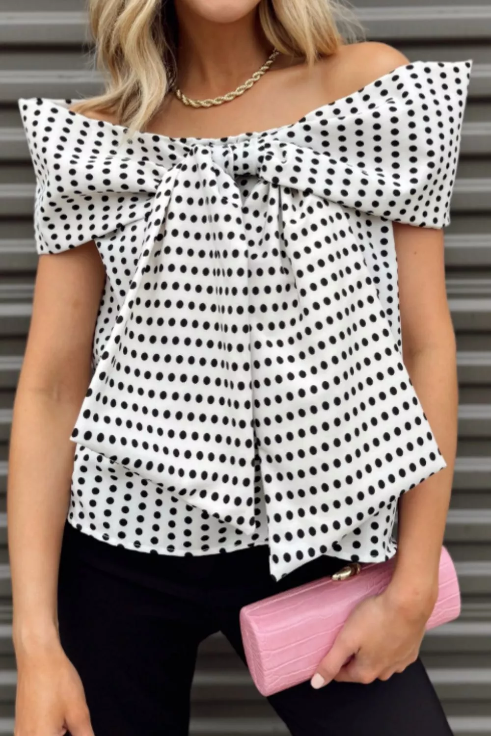 Polka Dot Off Shoulder Bow Knot Short Sleeve Blouse, image 4