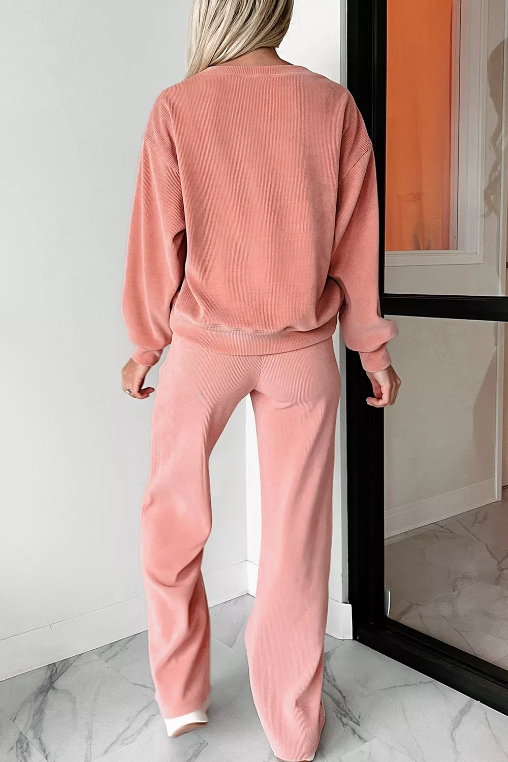 Ribbed Round Neck Top and Pants Set, image 2