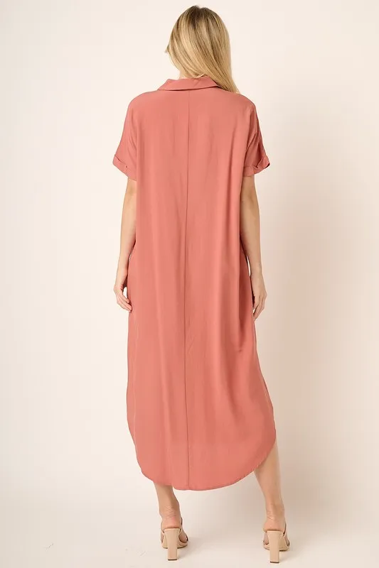 Collared Neck Dolman Short Sleeve Midi Shirt Dress, image 2