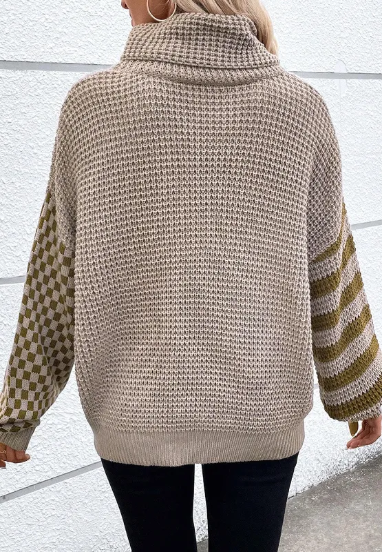 Striped & Checkered Turtleneck Dropped Shoulder Sweater, image 14