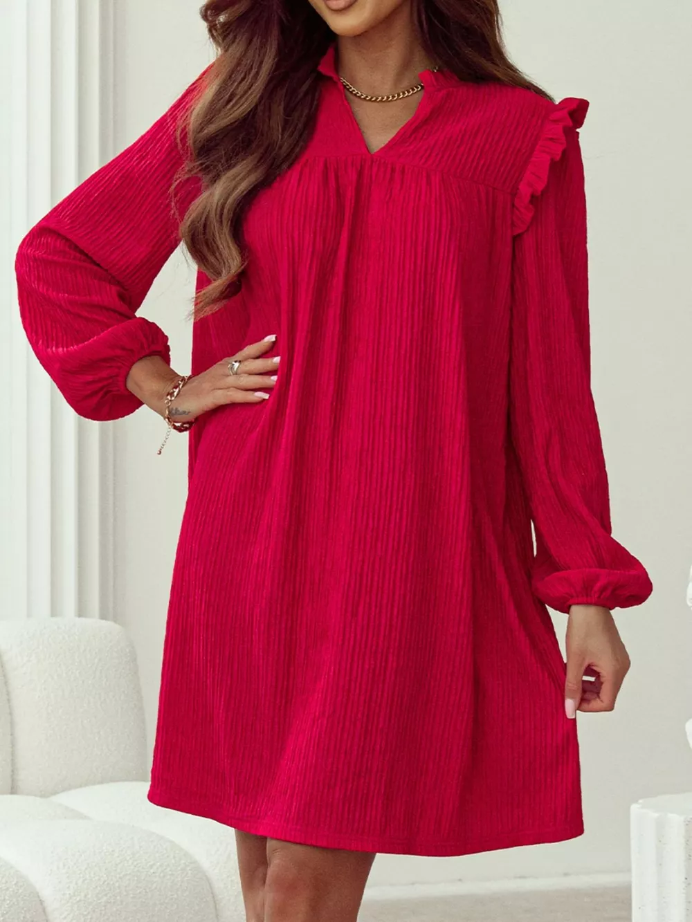 Textured Ruffled Trim Loose Fit Mini Dress, image 2