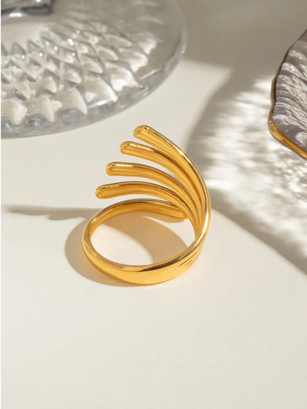 18K Gold-Plated Stainless Steel Irregular Lines Open Ring, image 3
