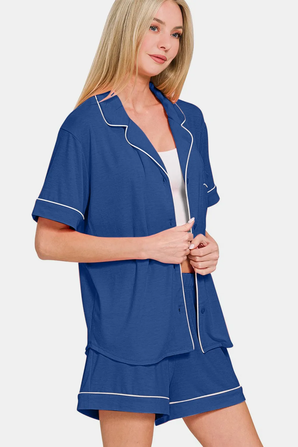 Button Down Short Sleeve Top and Shorts Lounge Set, image 3