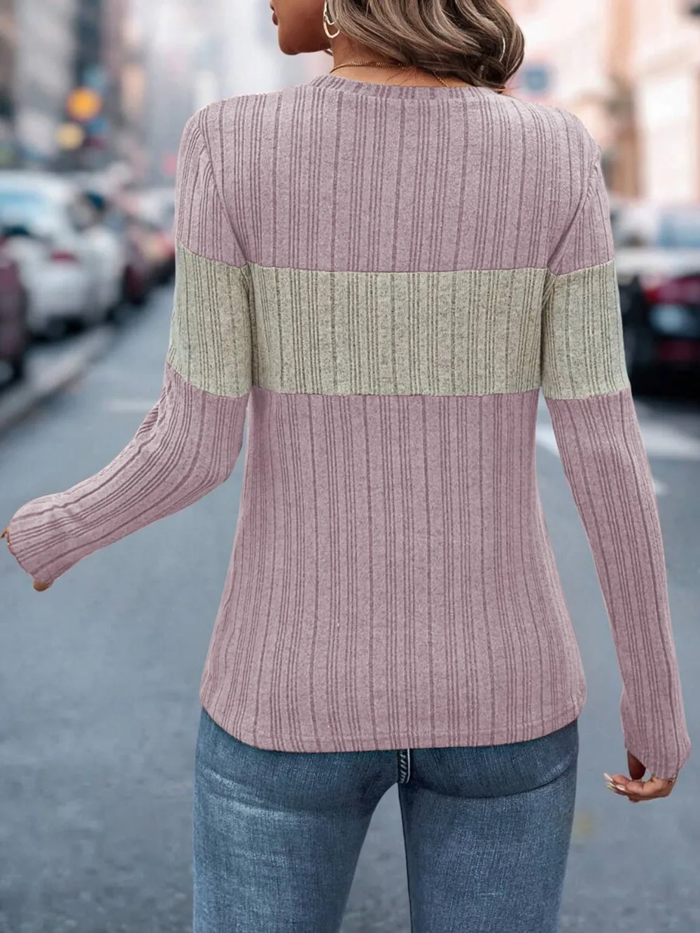 Color Block Round Neck Long Sleeve Top, image 15