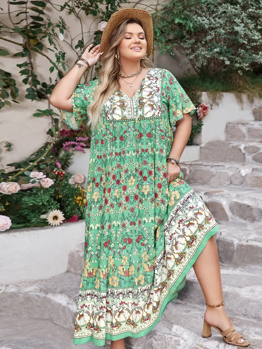 Plus Size Floral Tie Neck Flutter Sleeve Maxi Dress, image 2