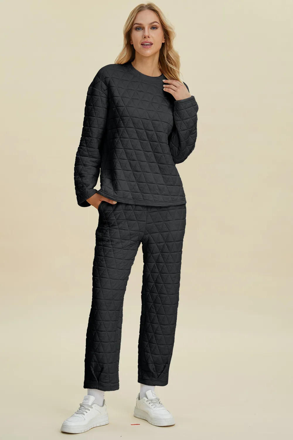 Full Size Texture Round Neck Long Sleeve Top and Pants Set, image 2