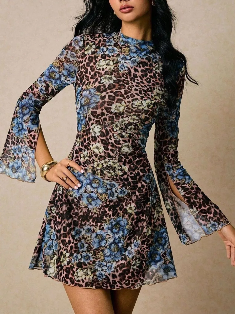 Floral Leopard Print Slit Sleeve Mini Dress, image 2