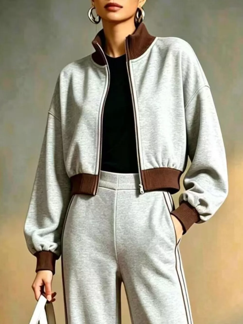 Contrast Ribbed Jacket and Wide-Leg Pants Tracksuit Set, image 9