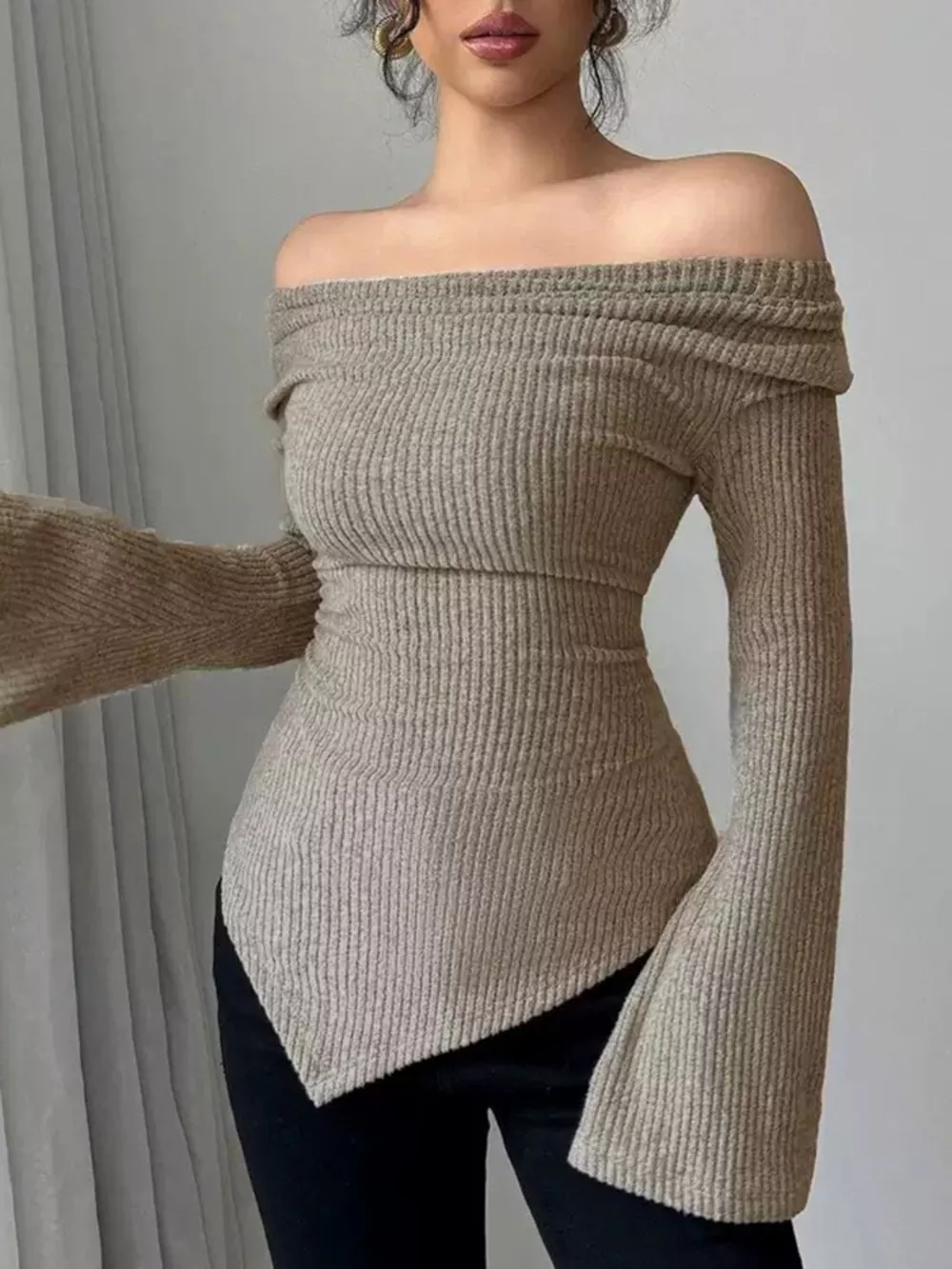 Off-Shoulder Bell Sleeve Ribbed Blouse, image 2
