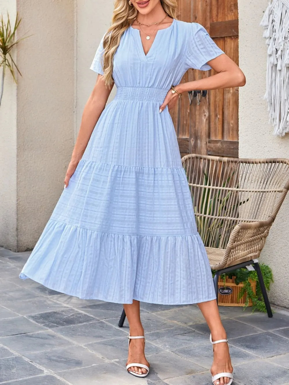 Tiered Notched Short Sleeve Dress, image 3