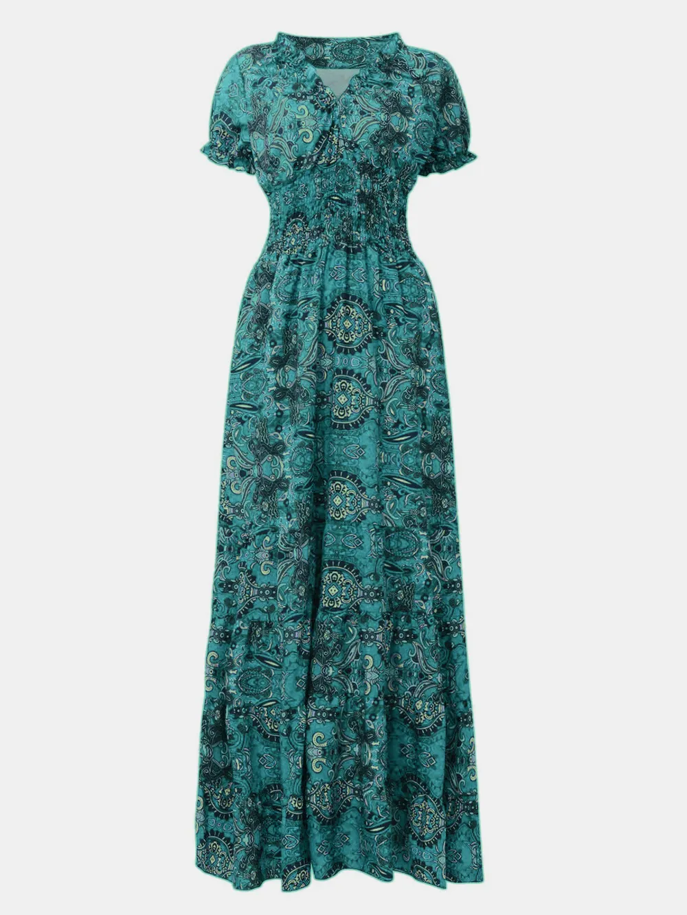 Full Size Smocked Printed V-Neck Short Sleeve Dress, image 3
