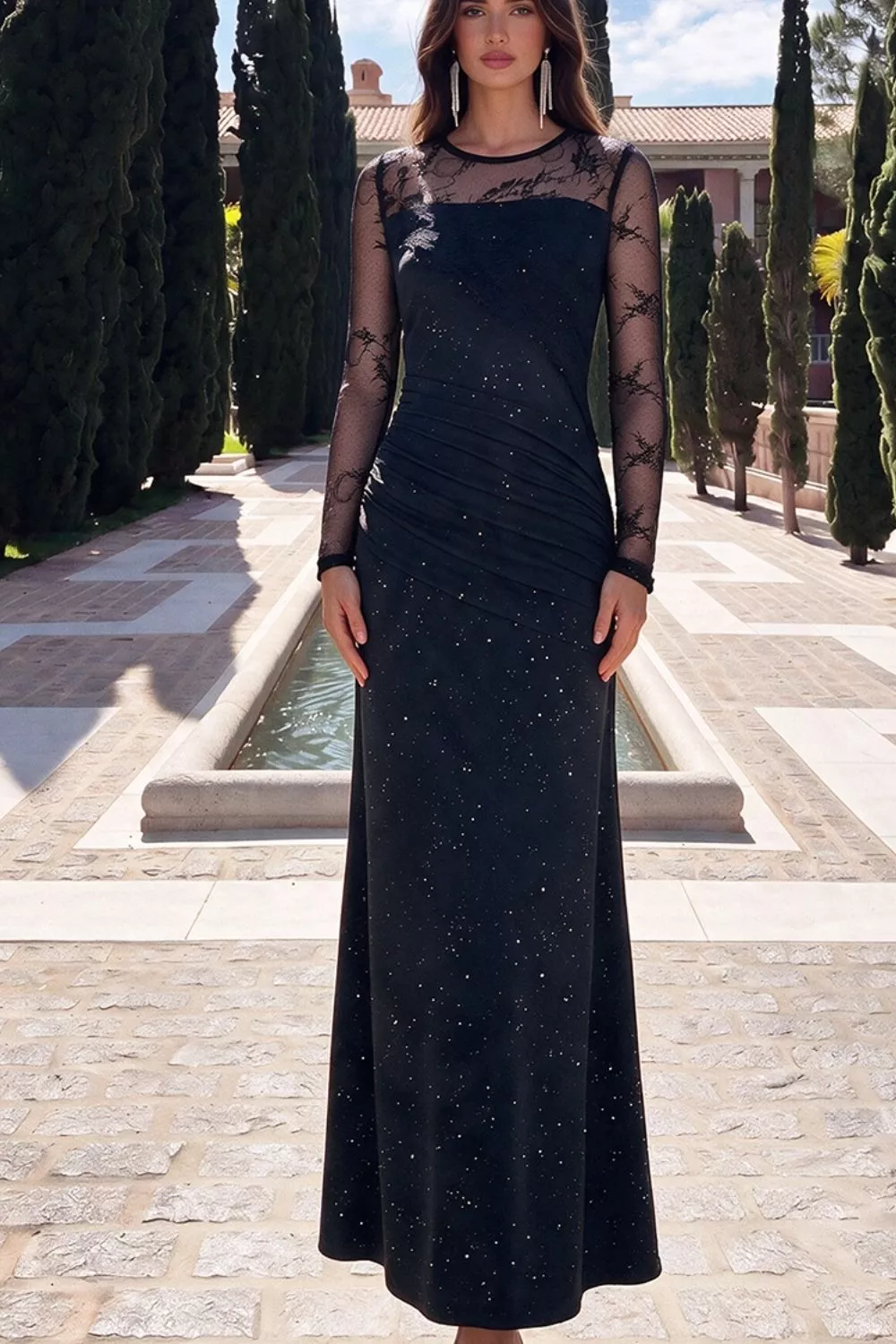 Glitter Mesh Long Sleeve Maxi Dress, image 5