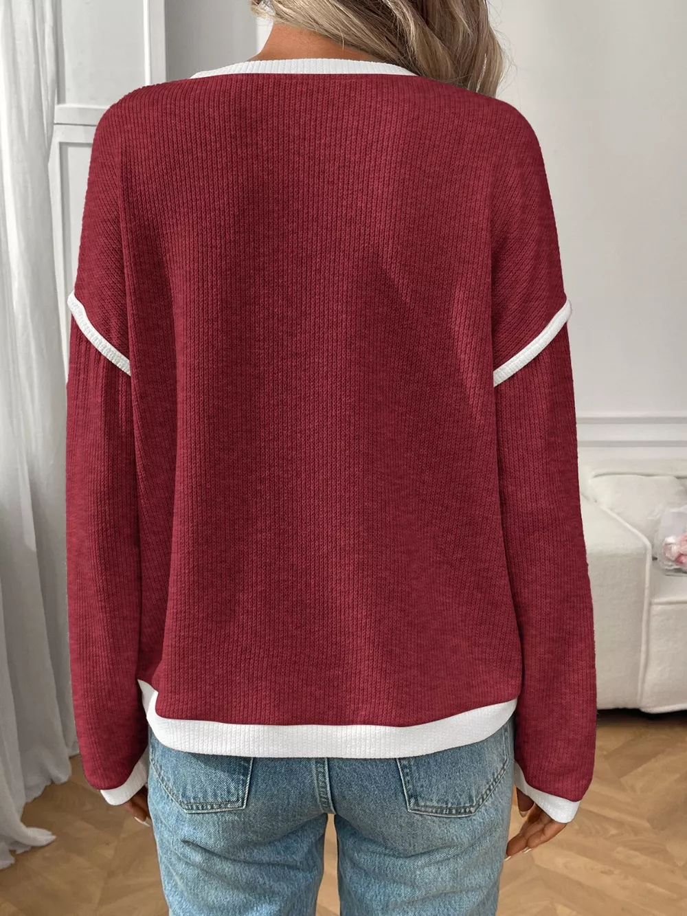 Ribbed Knit Contrast Trim Sweater, image 5
