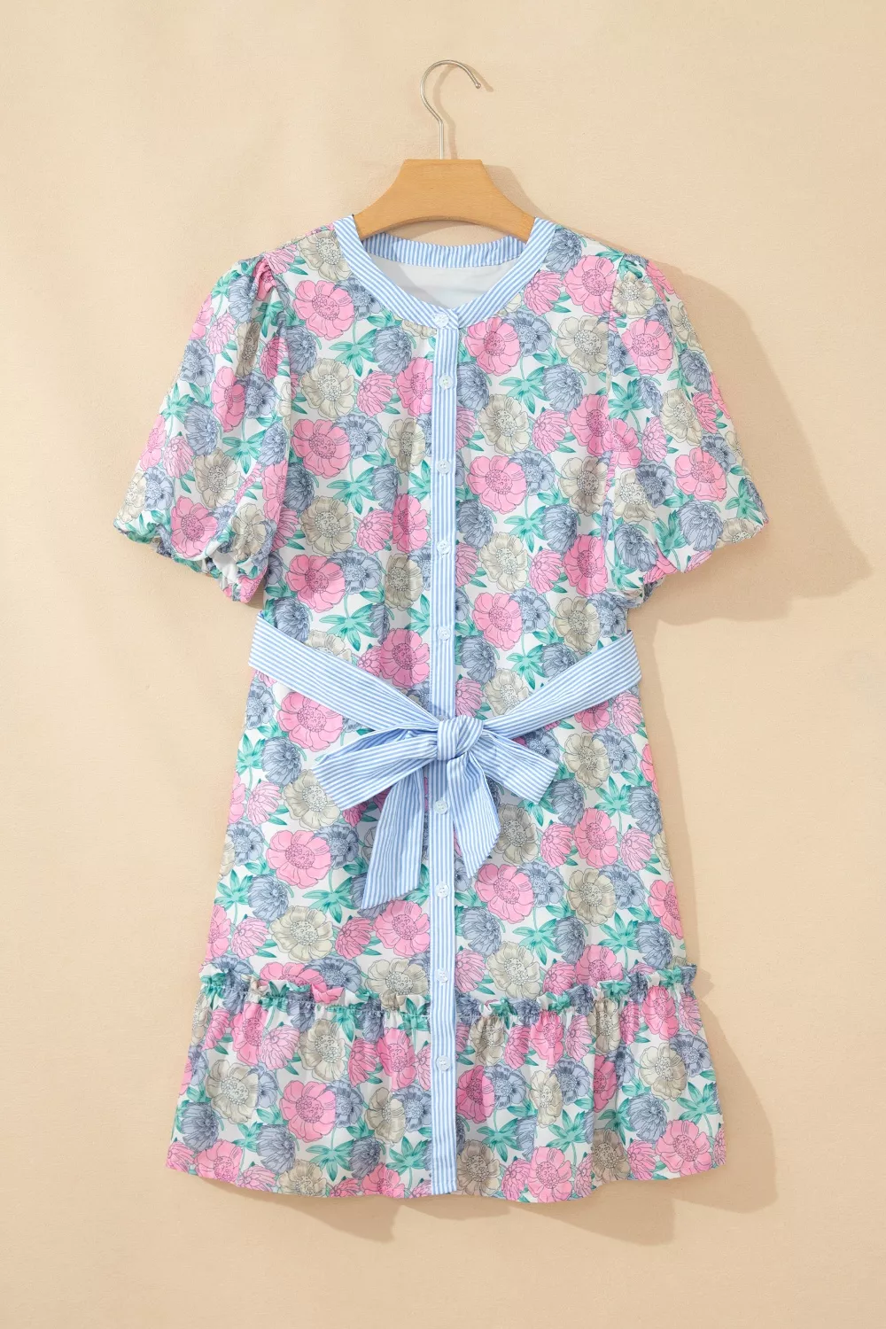 Floral Print Striped Contrast Trim Belted Short Dress, image 3
