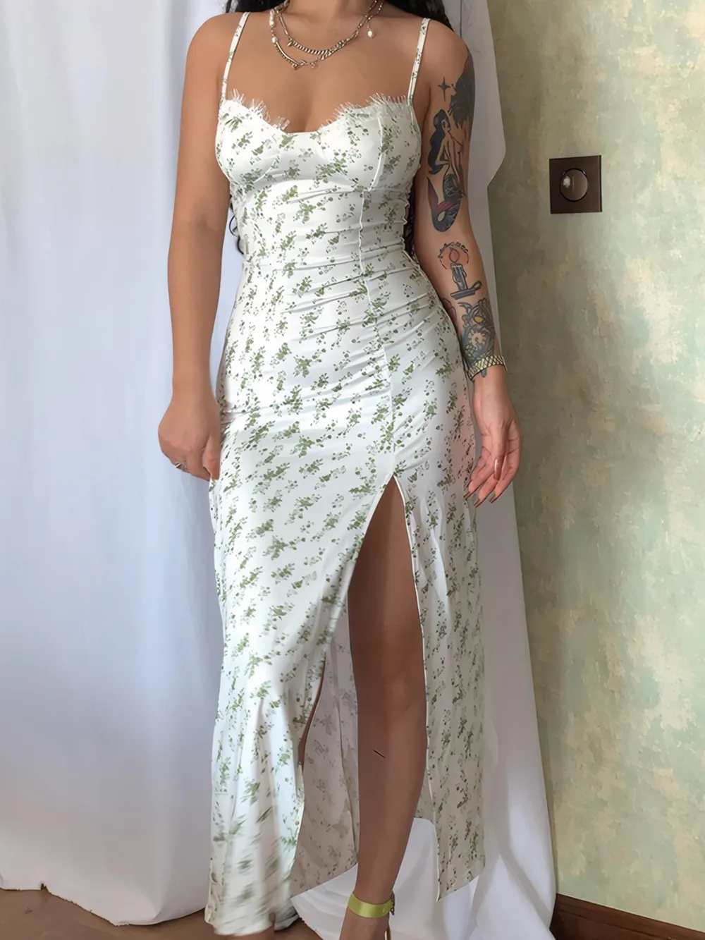 Split Printed Sweetheart Neck Cami Dress, image 4