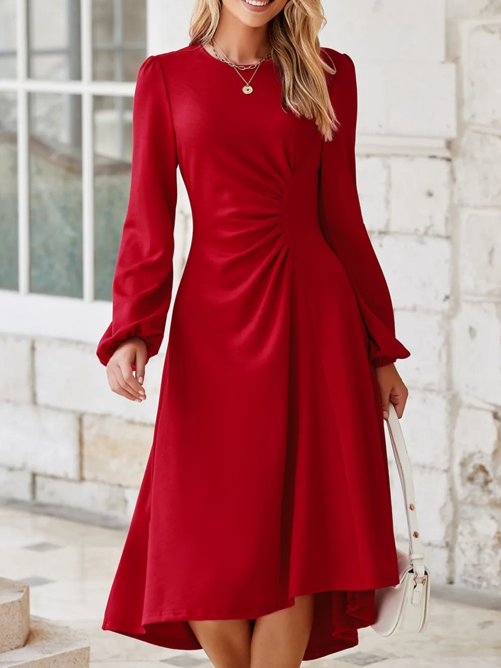 Solid Color Ruched Detail Long Sleeve Midi Dress, image 5