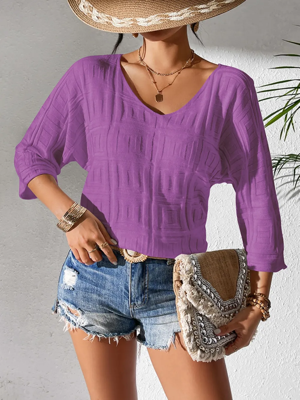 V-Neck Three-Quarter Sleeve Knit Top, image 8