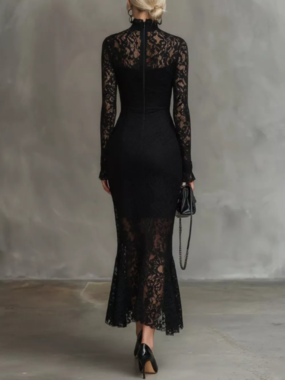 Lace Mock Neck Long Sleeve Mermaid Midi Dress, image 2