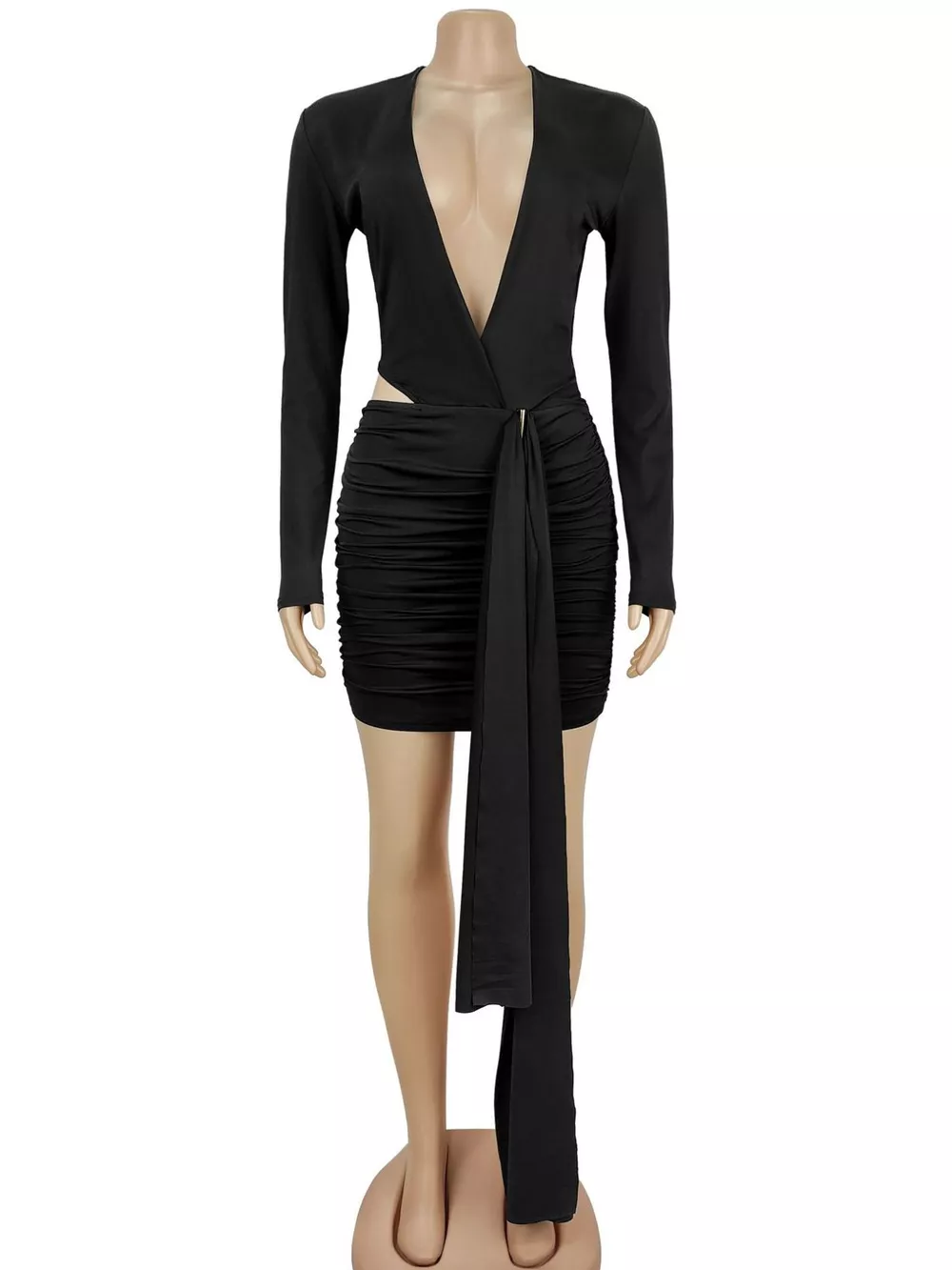 Cutout Deep V-Neck Long Sleeve Ruched Bodycon Mini Dress, image 3