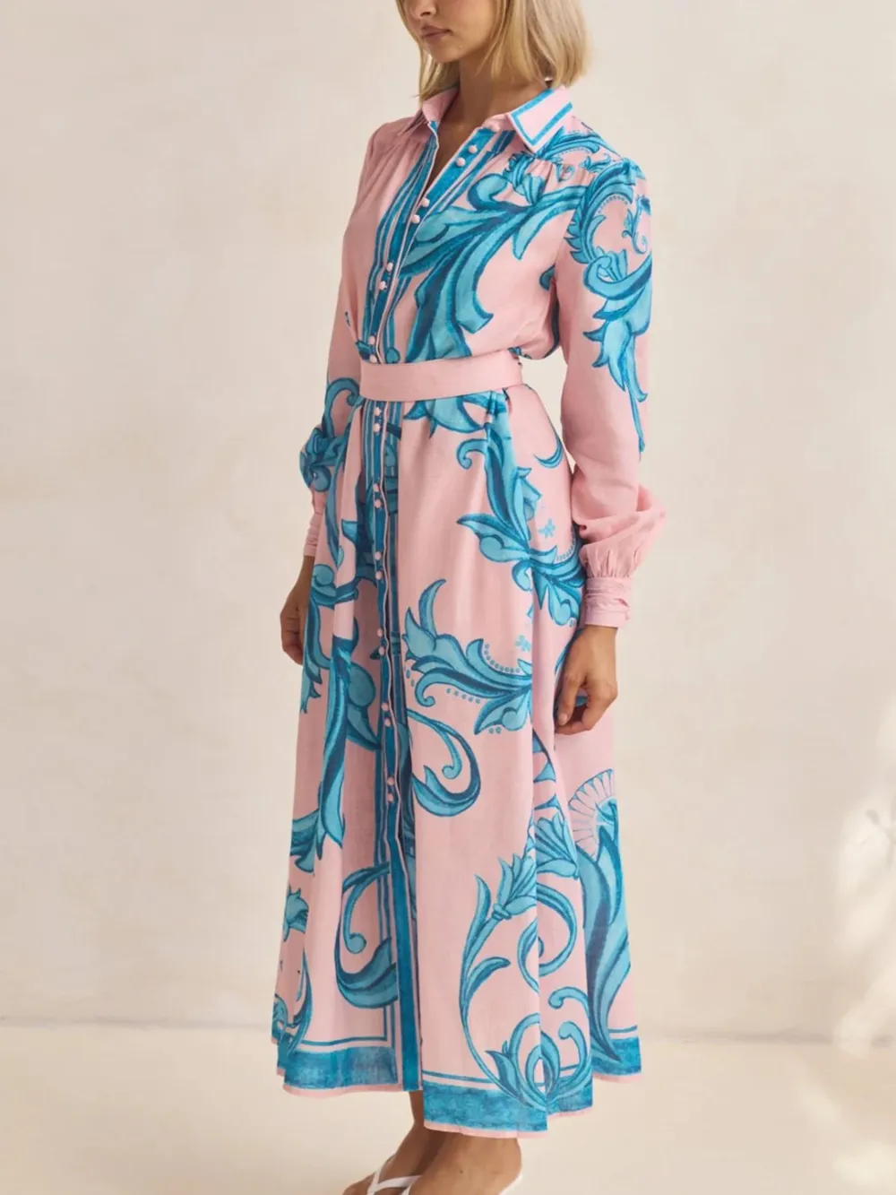 Printed Button Down Belted Shirt Dress, image 4
