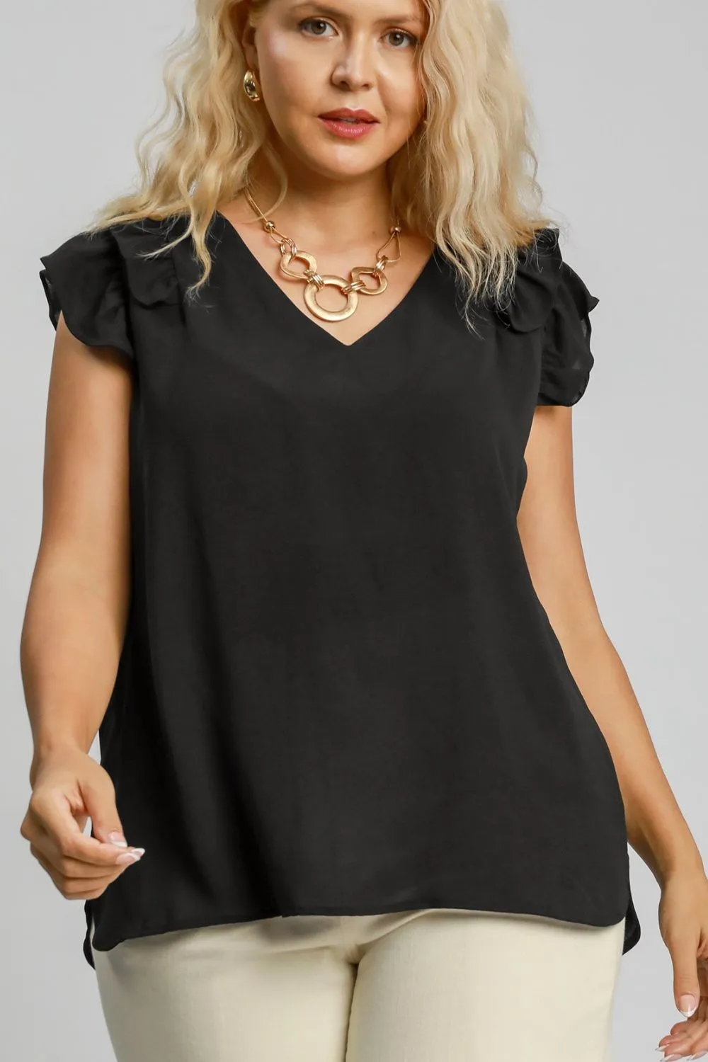 Full Size V-Neck Double Layered Ruffle Sleeve Blouse Plus Size, image 2