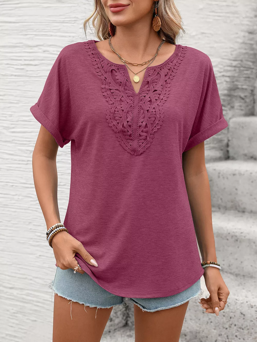 Lace Trim Short Sleeve T-Shirt, image 27