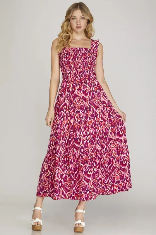 Full Size Smocked Printed Wide Strap Tiered Dress Plus Size