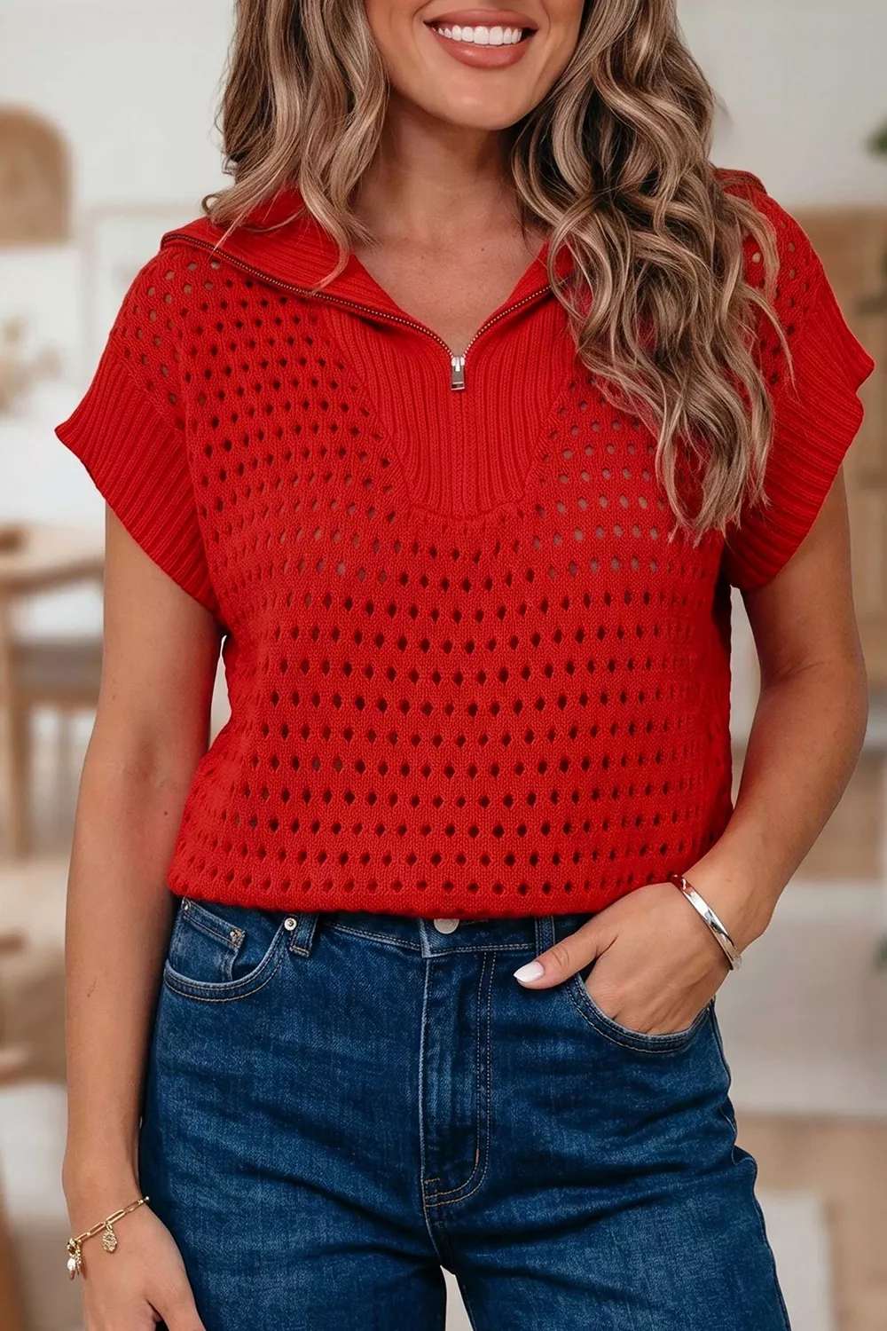 Openwork Quarter-Zip Knit Top, image 2