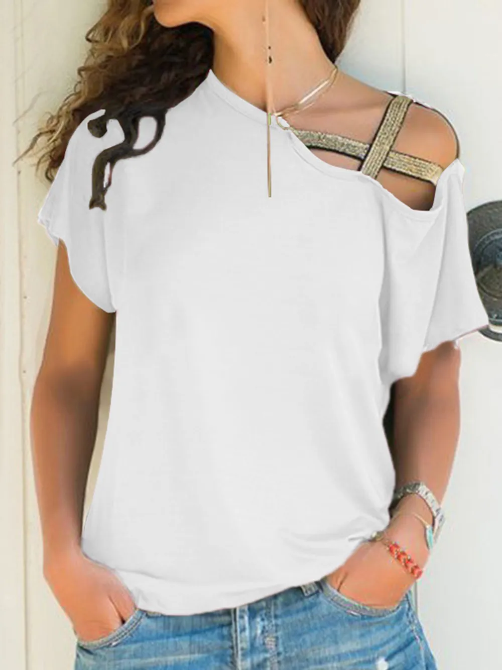 Asymmetrical Neck Short Sleeve T-Shirt, image 3