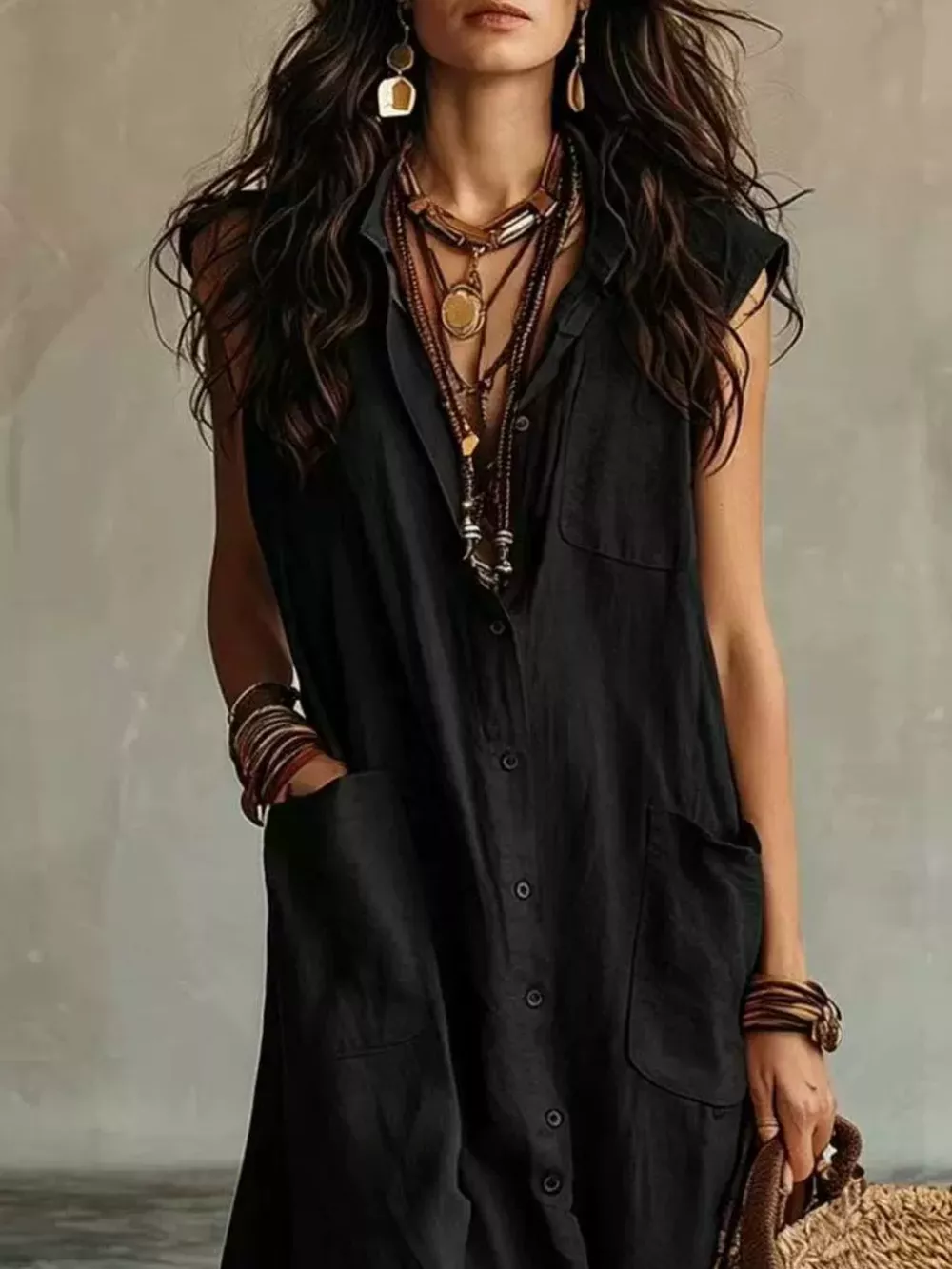 Sleeveless Button-Down Linen Maxi Dress, image 13
