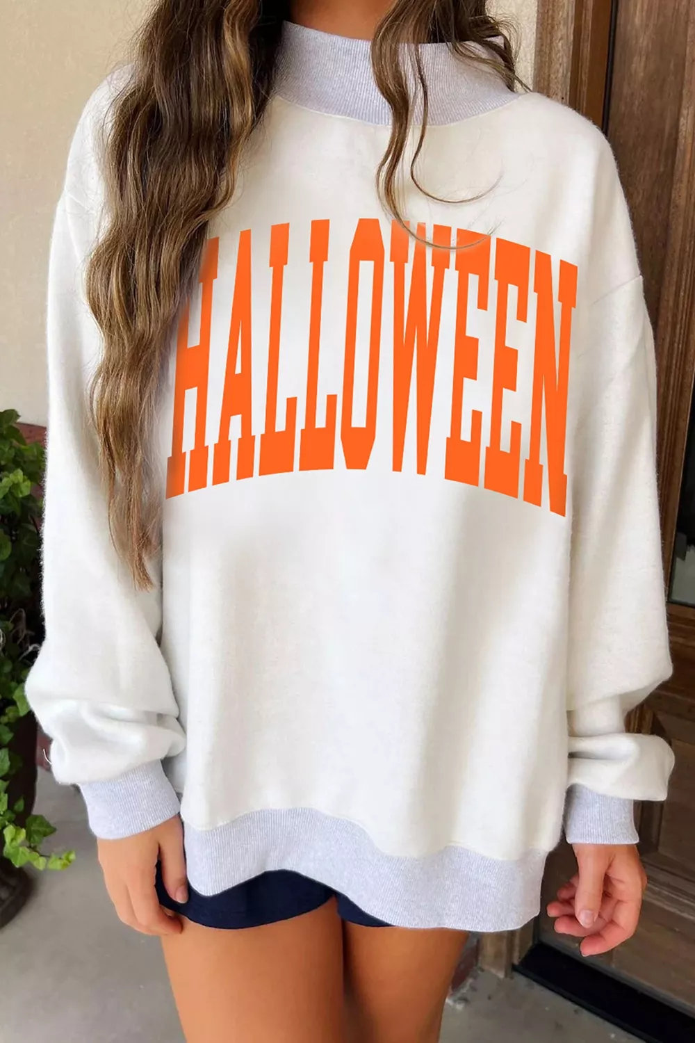 Halloween Pumpkin Face Print Mock Neck Reversible Sweatshirt, image 4