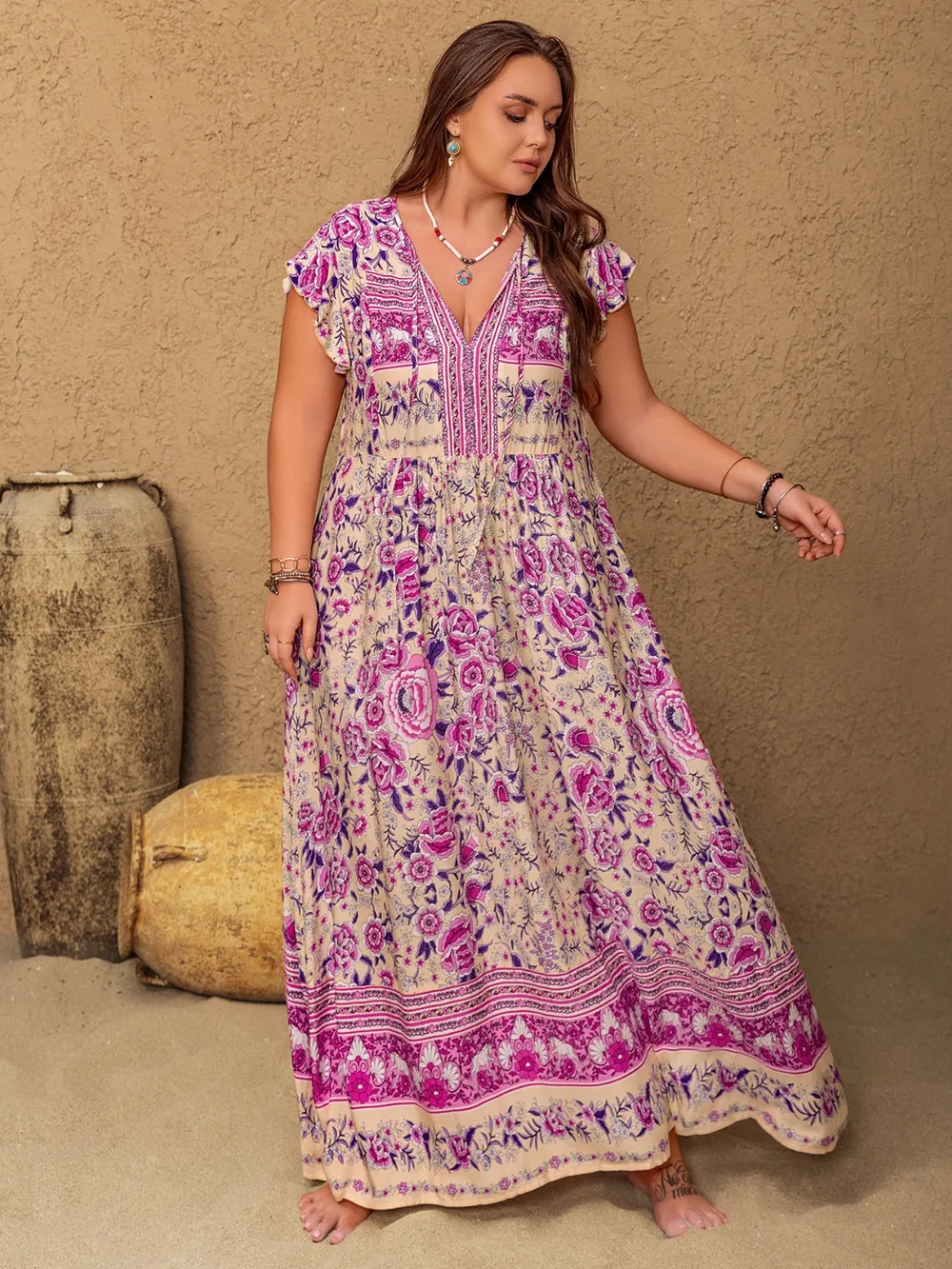 Plus Size Printed V-Neck Cap Sleeve Maxi Dress, image 2