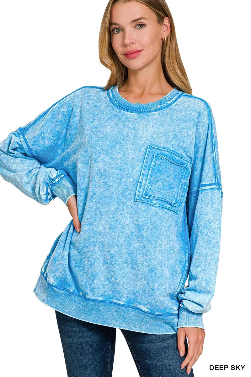 Zenana Acid Wash Raw Edge French Terry Sweatshirt with Front Pocket, image 2