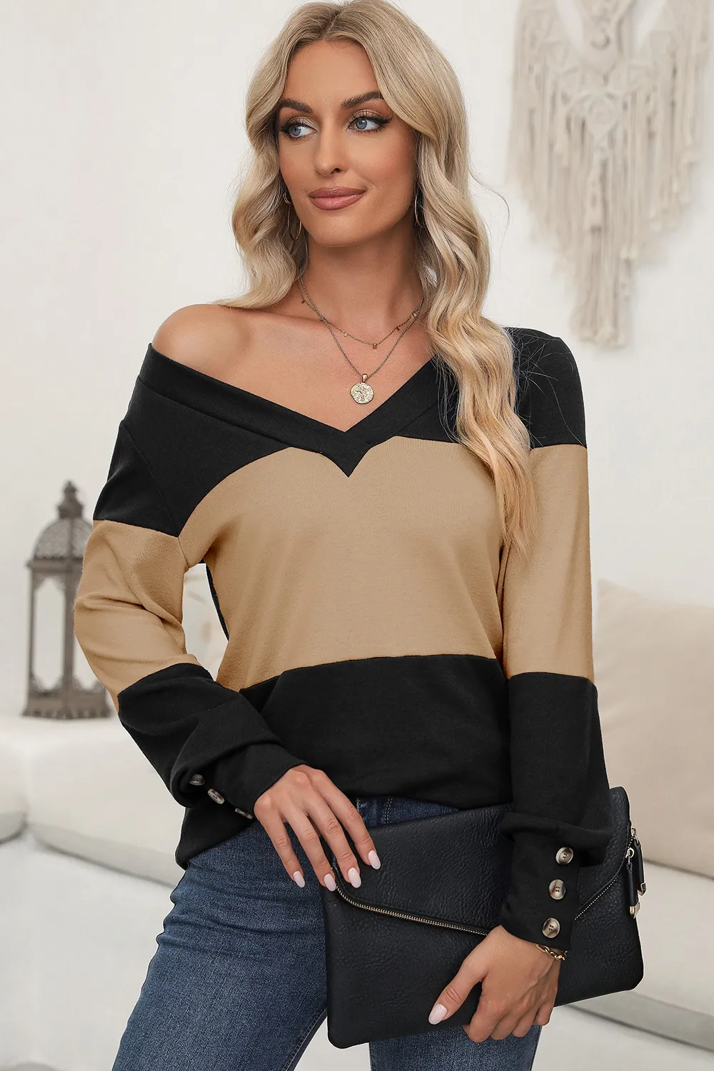 Color Block V-Neck Long Sleeve Top, image 3