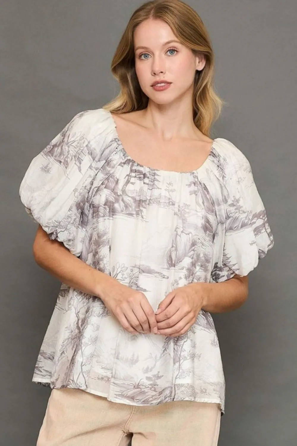 Full Size Two Tone Toile Print Top Plus Size