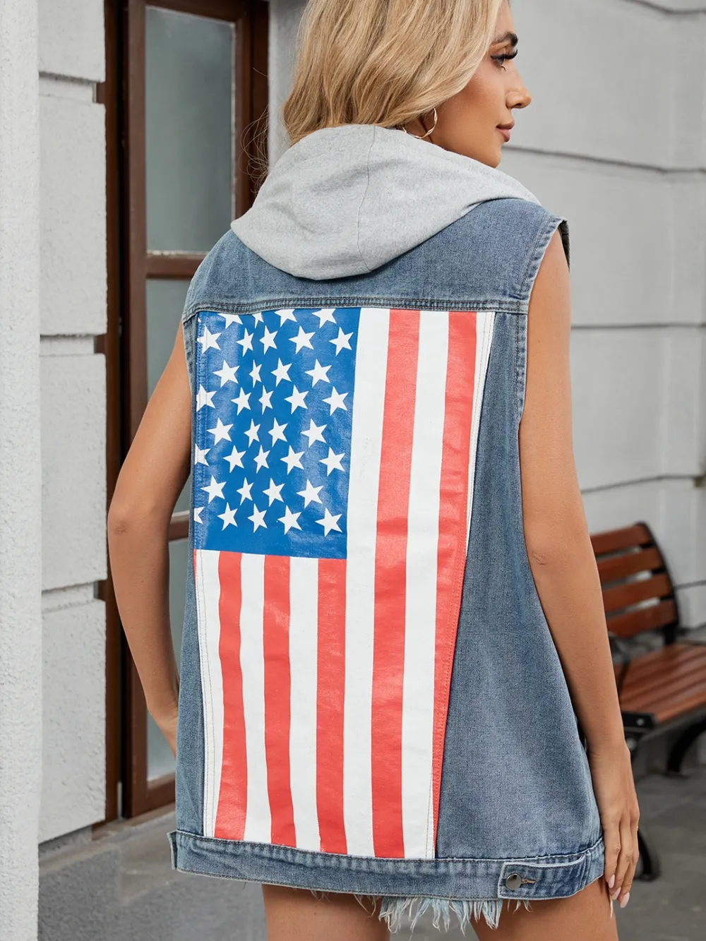 US Flag Button Up Denim Jacket, image 2