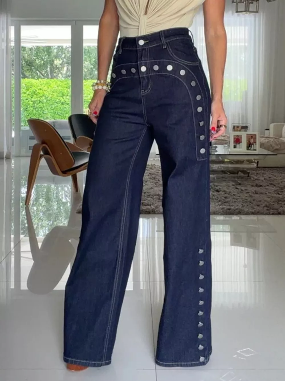 Decorative Button High-Waisted Wide-Leg Jeans