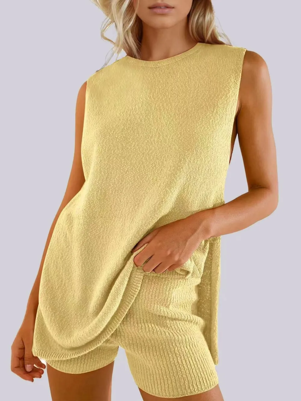Side Slit Round Neck Tank and Ribbed Shorts Sweater Set, image 5
