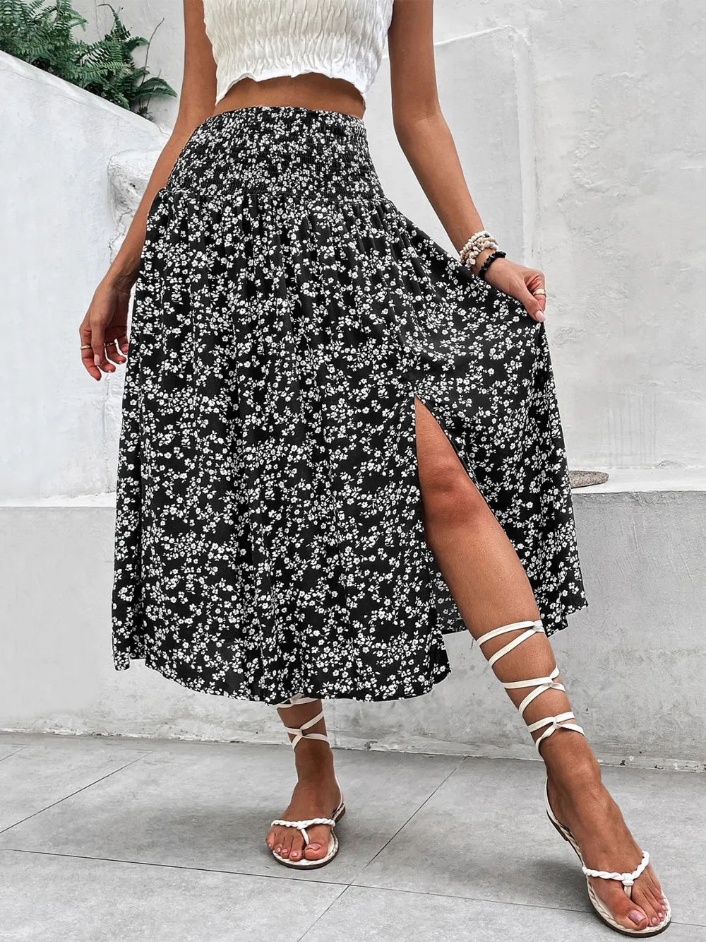Slit Smocked Printed Skirt