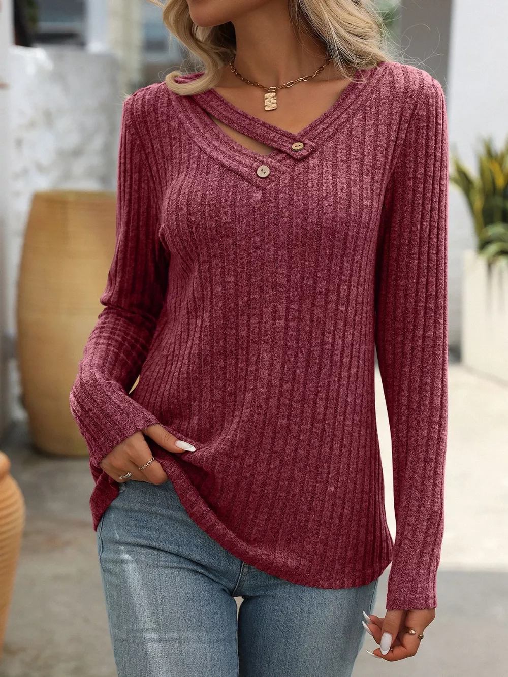 Ribbed Knit Long Sleeve Button Detail T-Shirt, image 3