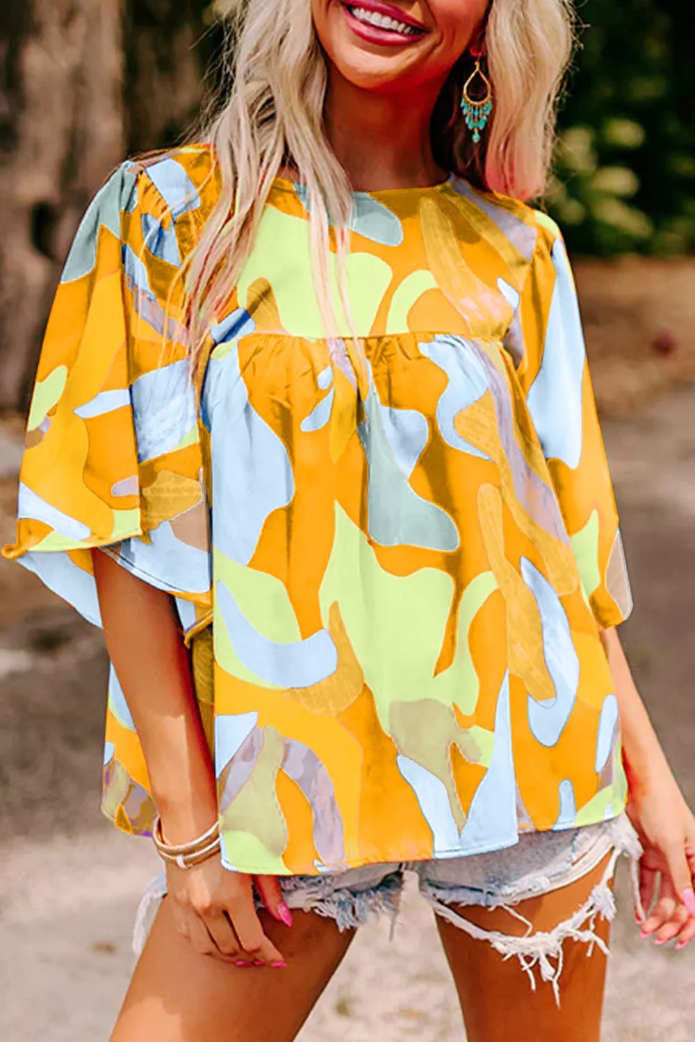 Multicolour Abstract Pattern Wide Sleeve Crew Neck Blouse