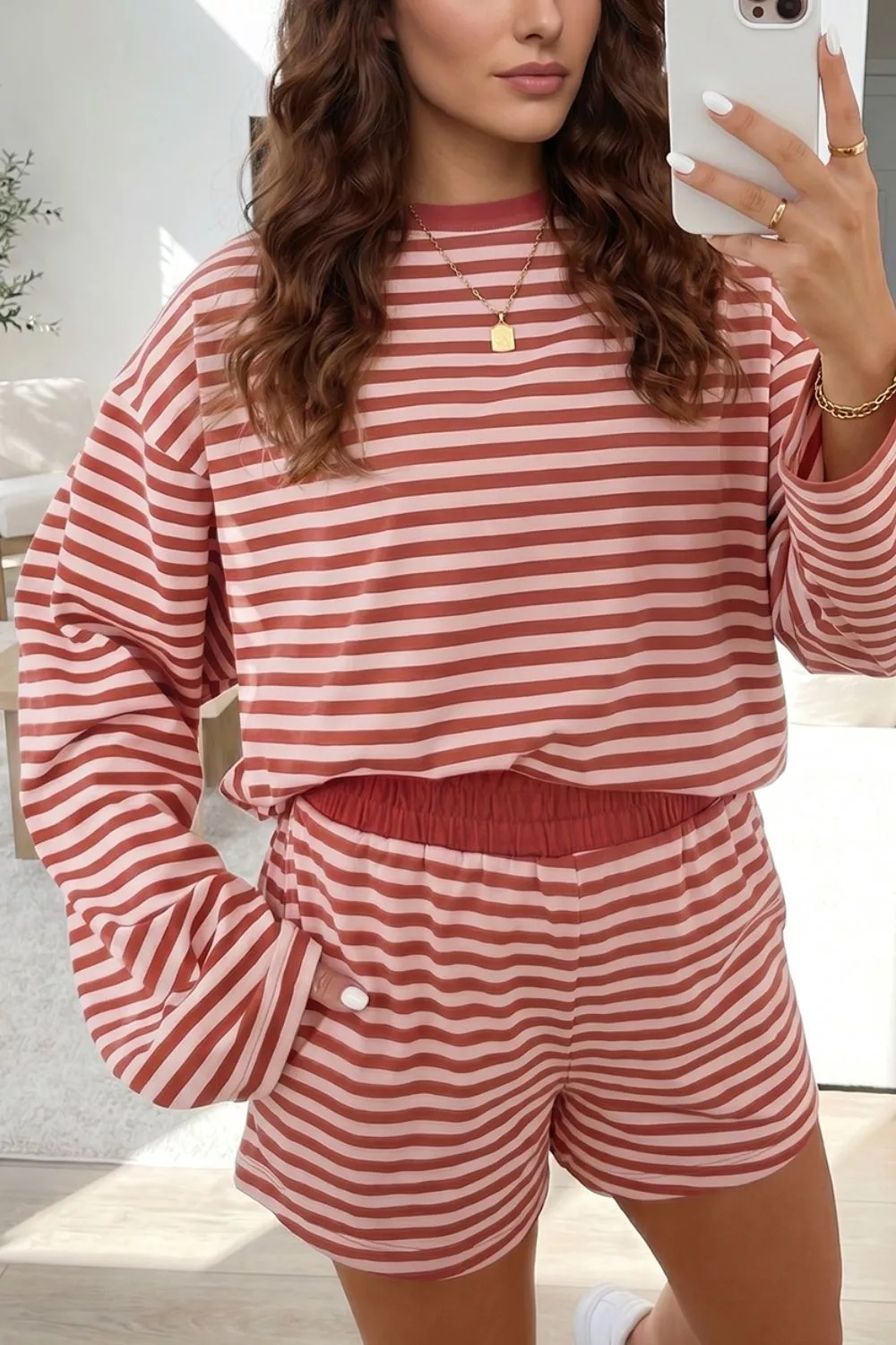 Stripe Relaxed Long Sleeve Top Contrast Elastic Waistband Short Set, image 4