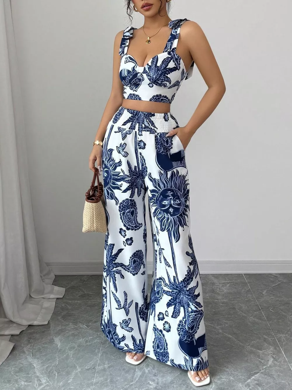 Floral Print Crop Top and Wide Leg Pants Set, image 2