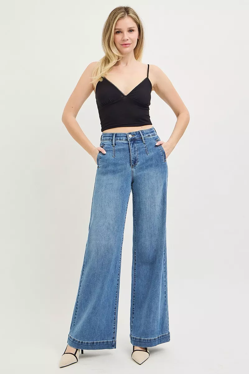 Tummy Control Elastic Band High Rise Wide Jeans, image 6
