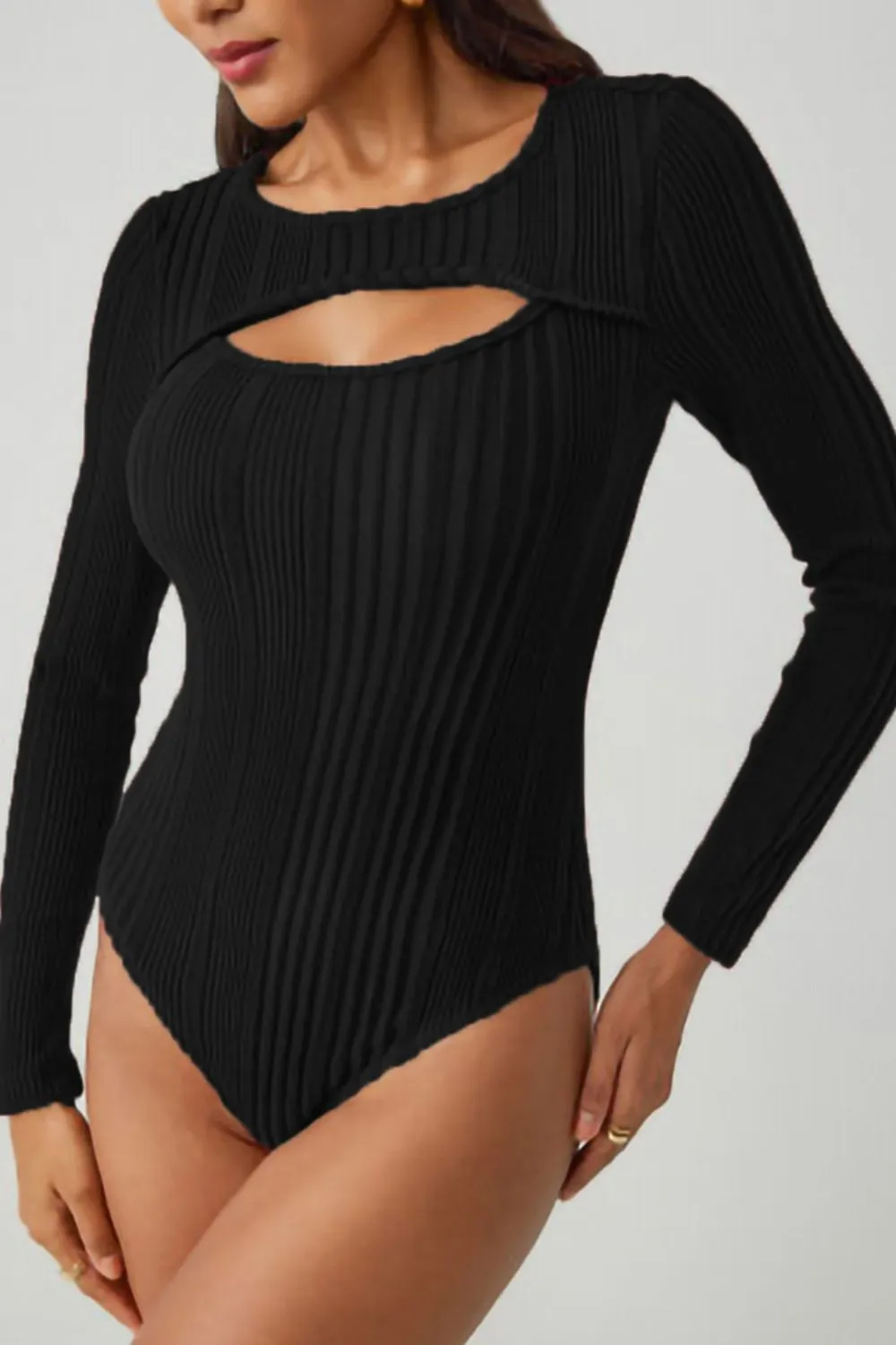 Ribbed Cutout Round Neck Bodysuit, image 2